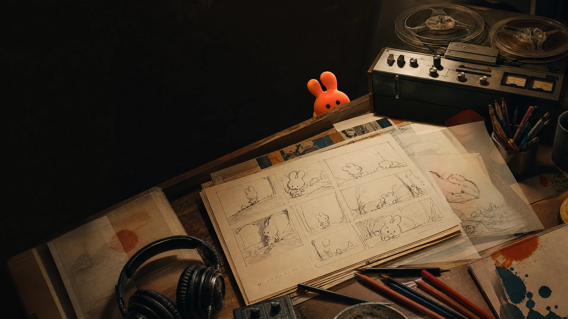 Creative table with storyboard, character and audio equipment